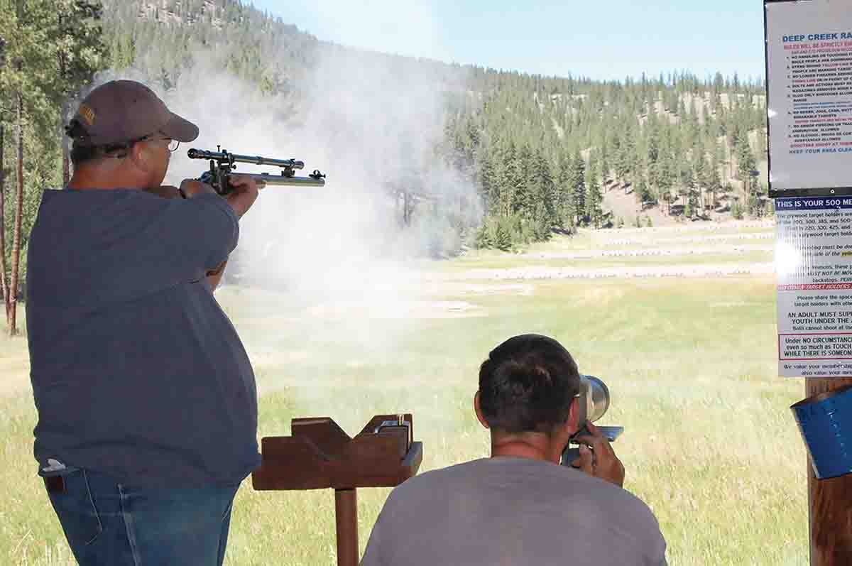 Mike is shown shooting one of his Sharps Model 1874 .45-70s at a BPCR Silhouette event at the Deep Creek Range near Missoula, Montana.